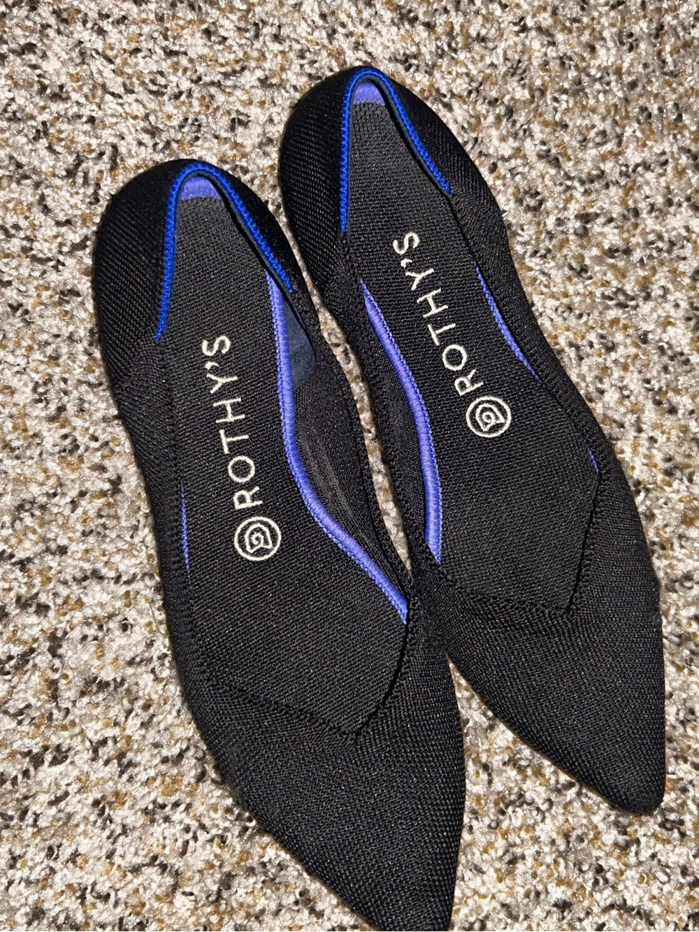 Rothy's Black Knit Pointed Flats with Blue Trim
